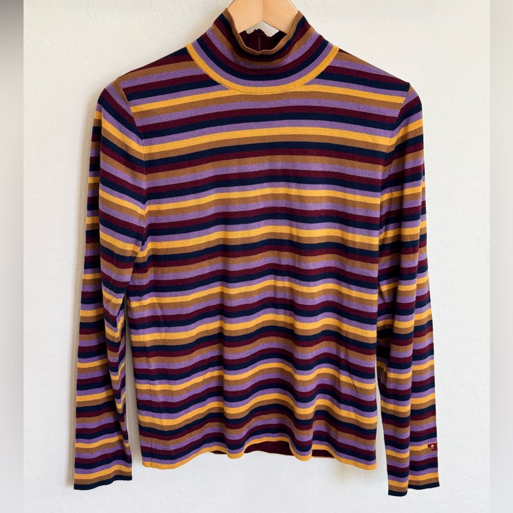 Tory Burch Striped Wool Blend Turtleneck in Mustard, Purple & Burgundy